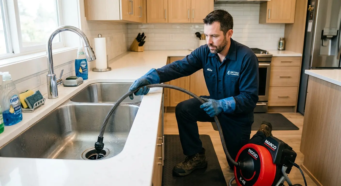 Drain cleaning technician using a motorized snake on a kitchen sink in Granville