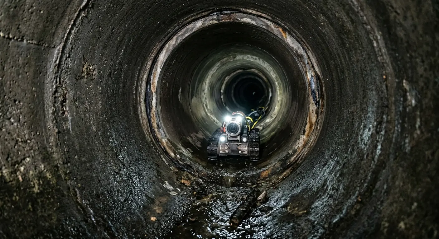Robotic sewer camera inspecting pipe interior for Sewer Line Cleaning in Granville