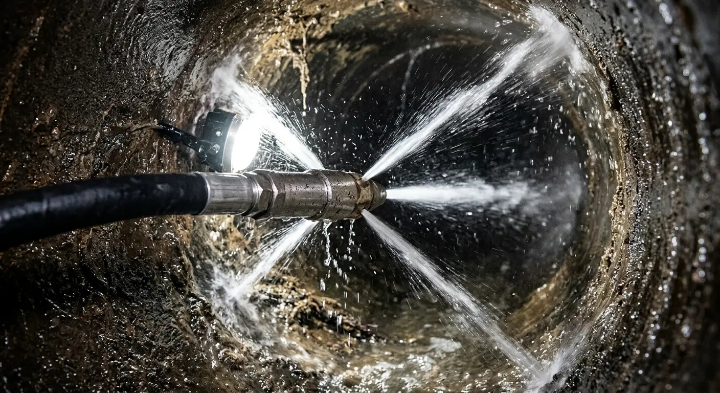 High-pressure hydro jetting nozzle cleaning sewer pipe for Emergency Drain Service in Granville