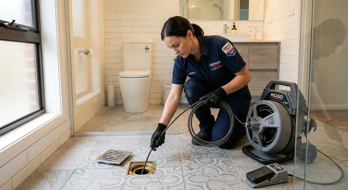 Technician clearing a bathroom floor drain for Drain Cleaning in Granville